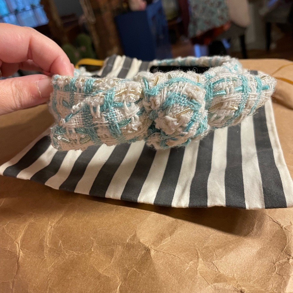 Lele Sadoughi One of a Kind Sample Blue White Gold Tweed Slim Bow Headband